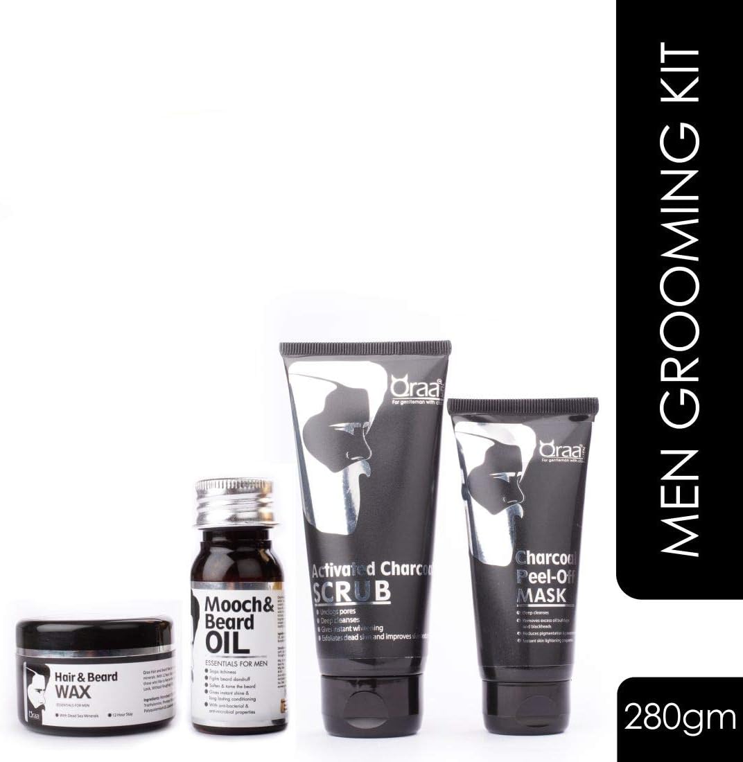 Qraa Men Grooming Kit - Pack of Charcoal Scrub/Charcoal Peel Off/Hair and Beard Wax/Mooch and Beard Oil,280g