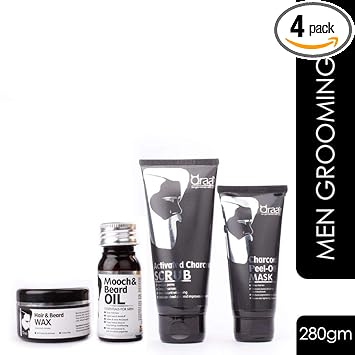 Qraa Men Grooming Kit - Pack of Charcoal Scrub/Charcoal Peel Off/Hair and Beard Wax/Mooch and Beard Oil,280g