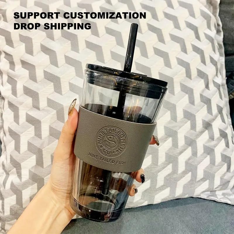 Image of WEZOSHINET Glass Tumbler with Lid and Glass Straw Coffee Tea Milk Mug for Home Office and Traveling Espresso Chocolate & Beverage, Mocha, Cappuccino, Shake, Juice Mug Black 450ML (Grey)