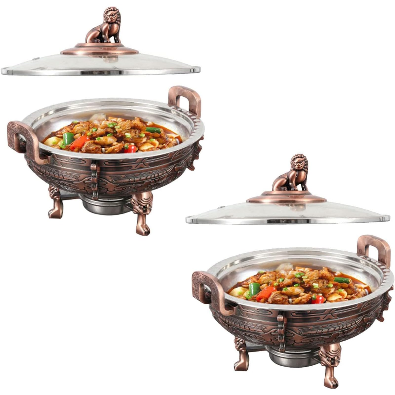 Set di scaldavivande e scaldavivande rotondo, per catering e buffet, con padella e supporti per carburante per cucina, feste, sala da pranzo, confezione da 2