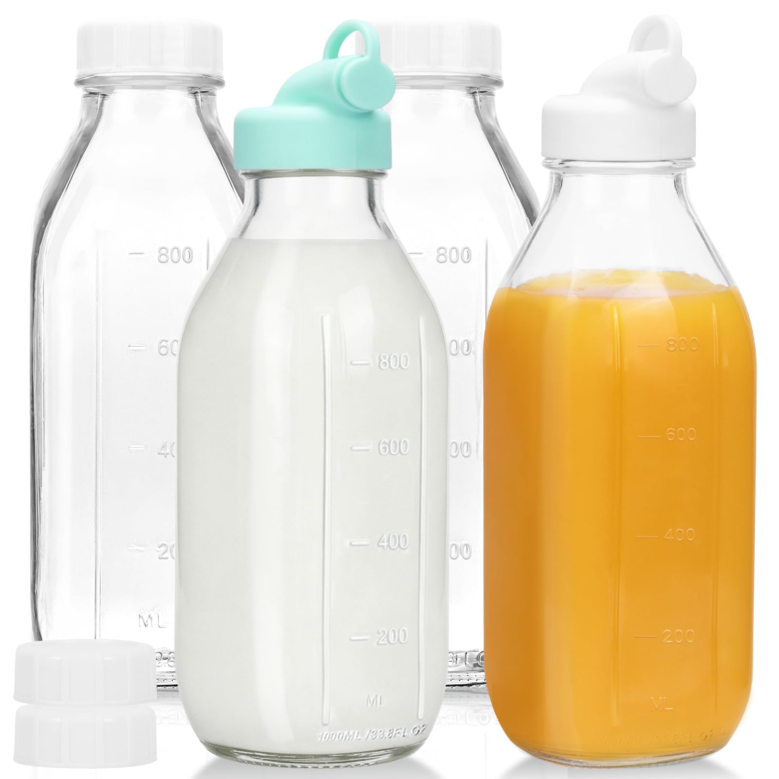 CUCUMI 4 Pack 32 Oz Glass Milk Bottle with Reusable Lid