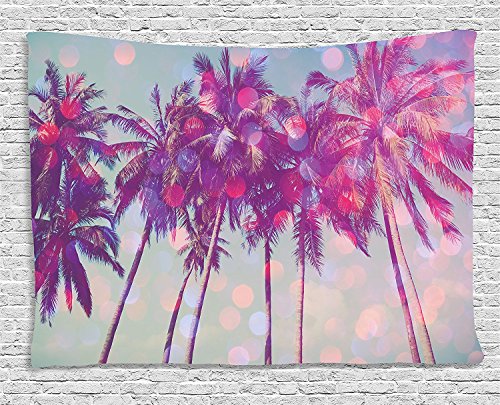 Ambesonne Nature Tapestry, Palm Trees Hawaiian Tropic Seashore Beach Californian Miami Sunbeams Image, Wide Wall Hanging for Bedroom Living Room Dorm, 80