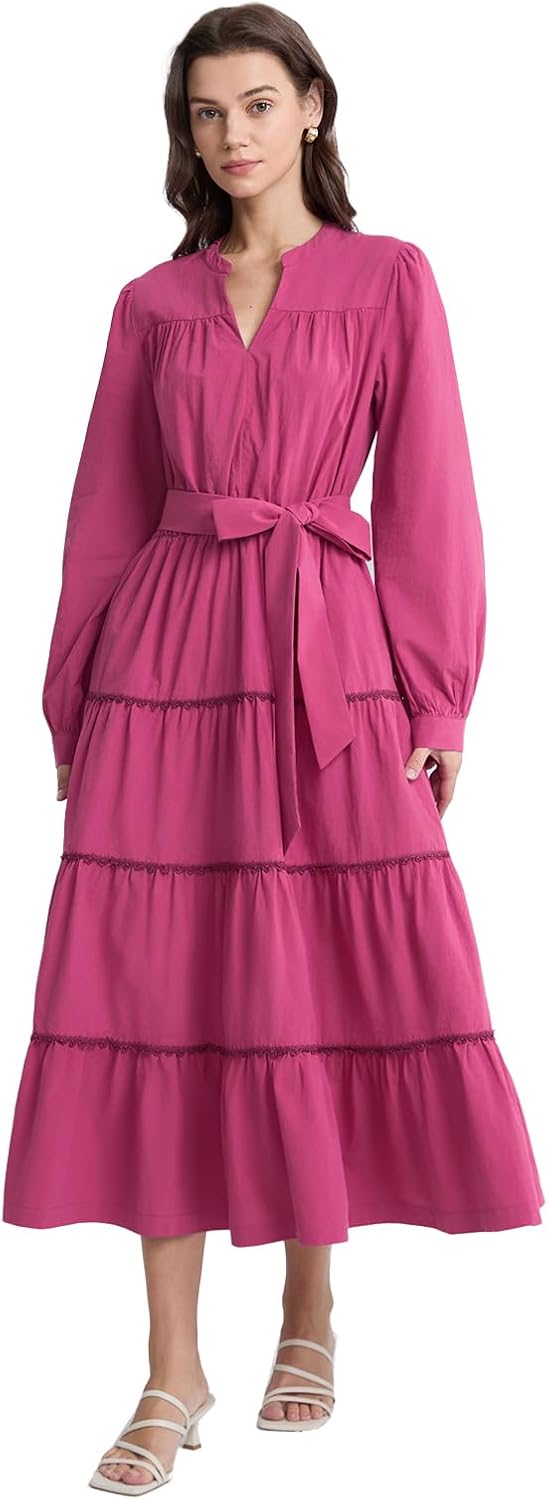 D-Sun Women's Wedding Guest Holiday Party Dresses Long Sleeve V Neck Flowy Elegant Tied Waist Maxi Dress with Pockets - Image 4