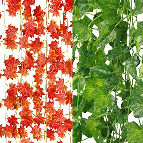 Artificial Fall Garland Maple Leaf, Hanging Vine Garland Artificial Autumn Foliage Garland Thanksgiving Decor for Home Wedding Fireplace Party Christmas (9, C Green + Orange)