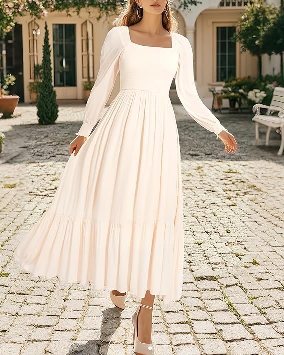 Holipick Women's Boho Square Neck Smocked Long Puff Sleeve A Line Flowy Casual Maxi Dress - Image 5