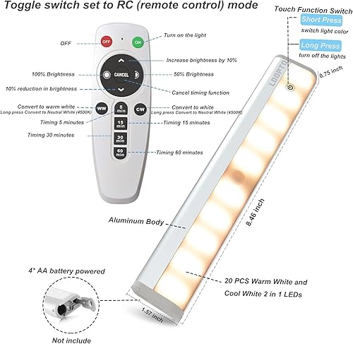 Miniatura 9 de Paquete de 4 luces inalámbricas para debajo del gabinete, 20 luces LED regulables con pilas, para debajo del mostrador, barra de luz nocturna para