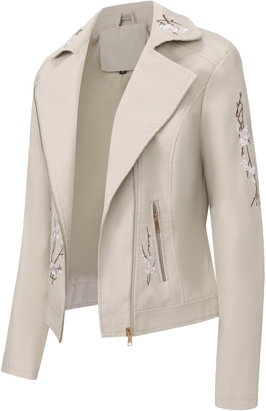 Oplxuo Women Faux Leather Jacket Embroidered Floral Moto Biker Coat Lapel Long Sleeve Zip Up Jackets with Zipper Pockets