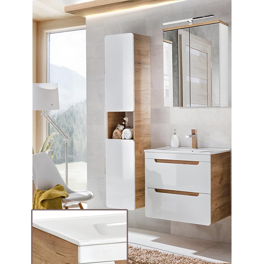 Lomadox Komplett Badezimmer Set in Hochglanz weiß mit Wotan Eiche Nb., 61 cm Keramik-Waschtisch mit Unterschrank, LED-Spiegelschrank & Hochschrank