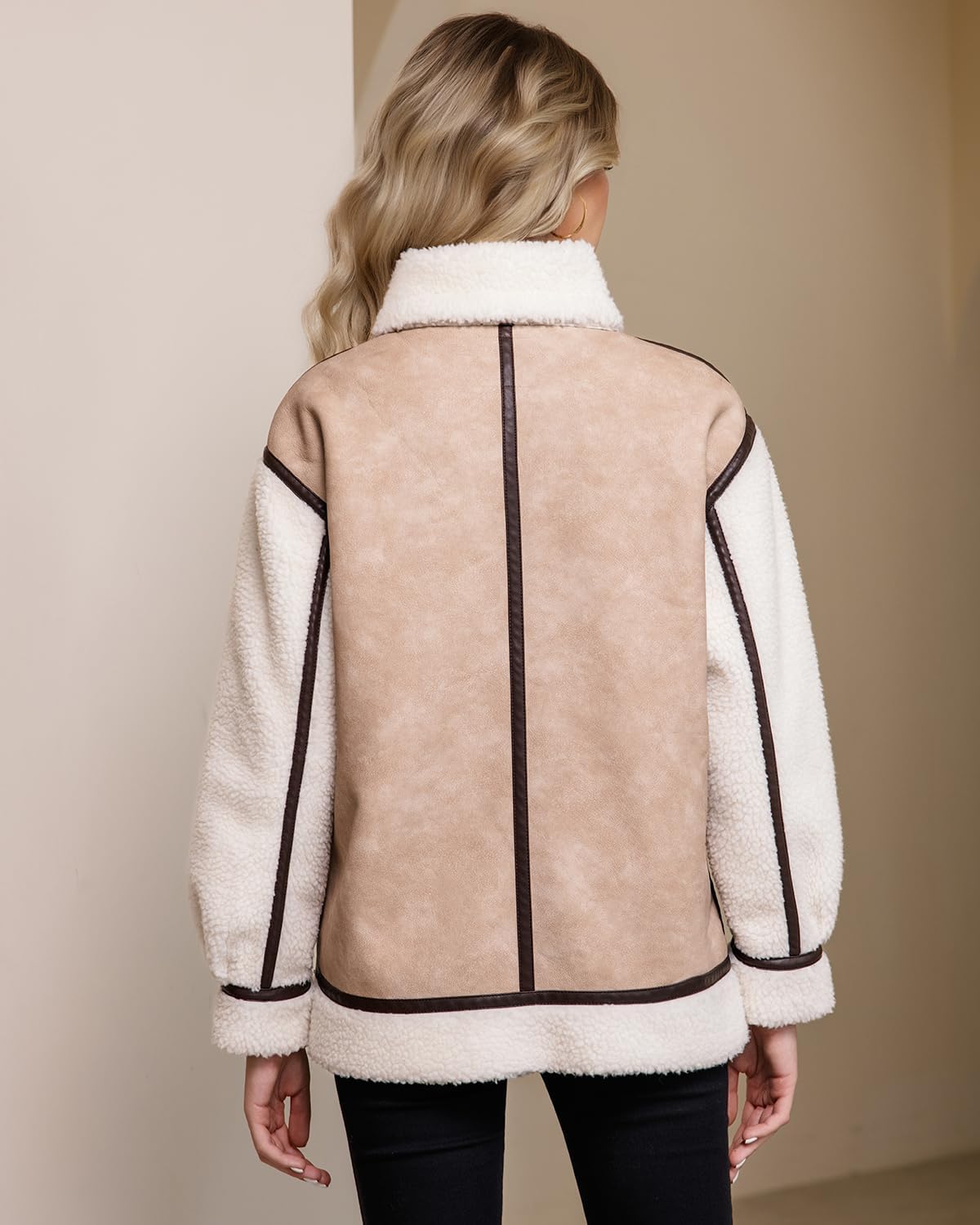 DIASHINY Women Fur Leather Jacket Patchwork Faux Shearing Fur Jacket with Sherpa Fleece Lined Coat - Image 4