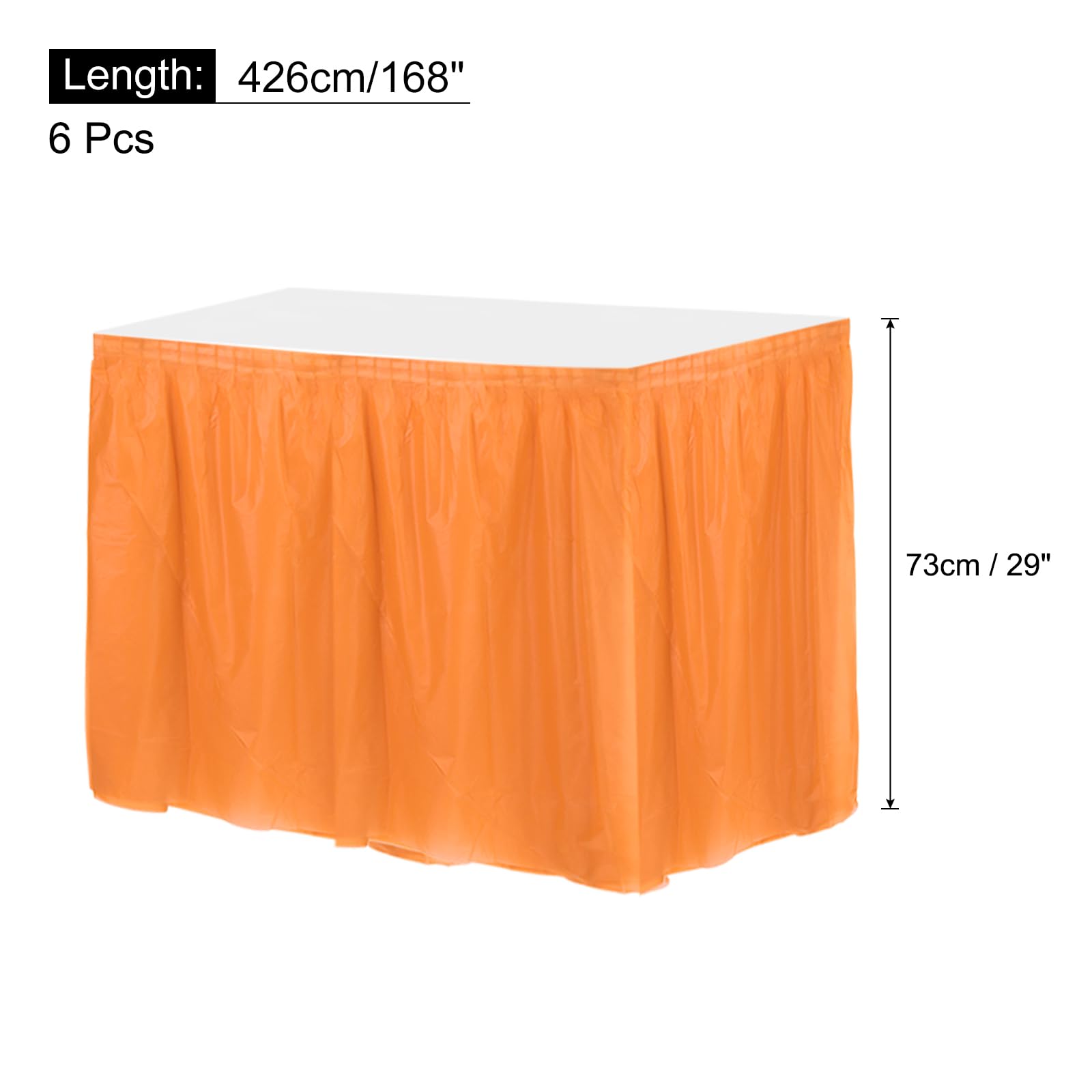 MECCANIXITY 6 Pack Orange Plastic Table Skirts, 29 in x 14 Ft Table Skirts for Rectangle Tables, Disposable Table Covers for Birthday Wedding Party