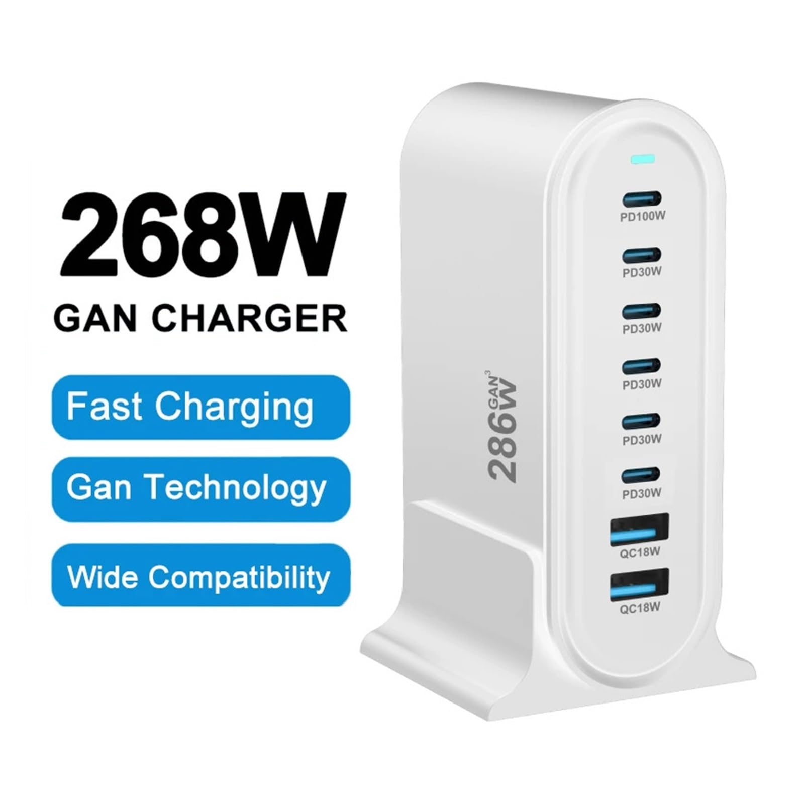 286W gan charger Multi USB Charging Station 8 Port Hub Type C Charger 100w PD Fast Charging Smart 65w(E-U-Plug,White)
