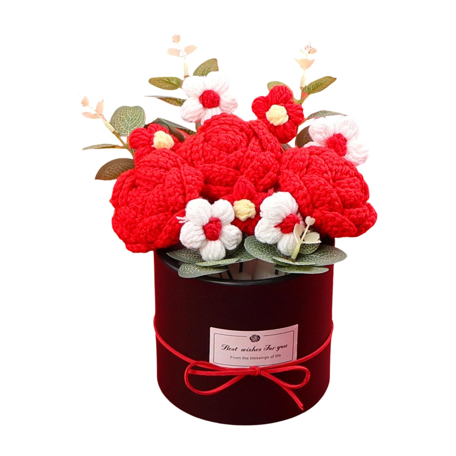 Kaeltsyn Crochet Rose Flower in Container Artificial Knitted Bouquets for Mother Day Teacher Day Valentines Anniversary Woolen Rose