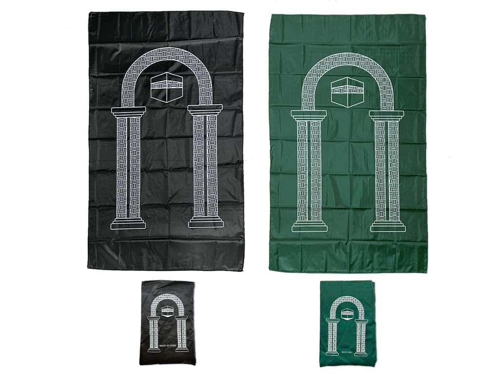 Kellegour 2 Pieces Portable Muslim Islamic Prayer Mat,Travel Pocket Prayer Mat Rug,60 x 100cm Waterproof Praying Rug,Travel Prayer Mat Rug for Islamic Gifts Ramadan Family Trips (Green,Black)