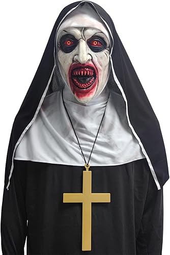 Máscara realista de monja malvada de cabeza completa con collar de cruz, máscara de monja sangrienta aterradora, disfraz de monja de Halloween,