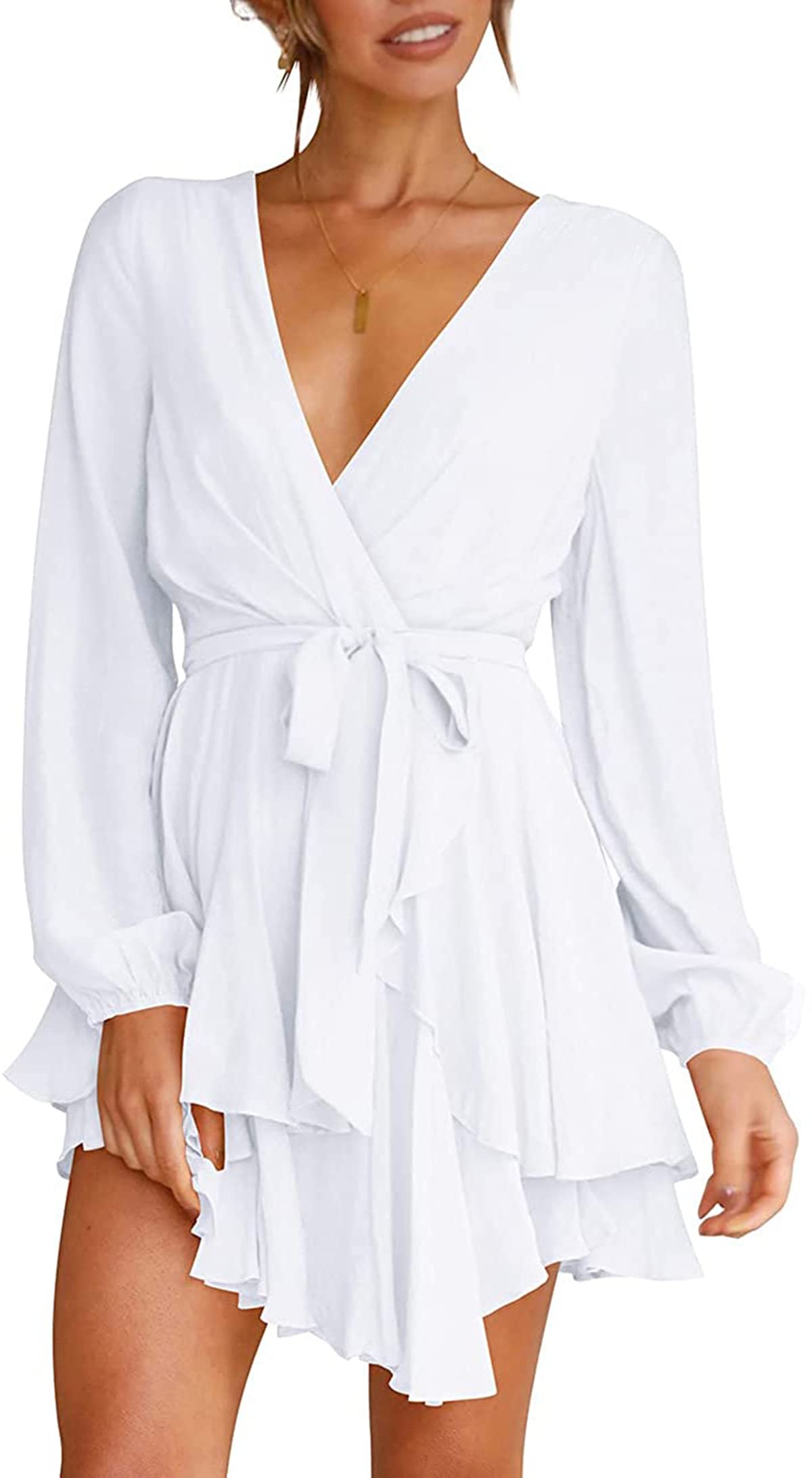 Albe Rita Women's Dress Deep V-Neck Long Sleeve Waist Tie Ruffle Mini Swing Skater Homecoming Dresses