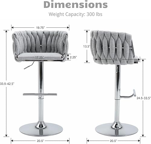 Miniatura 2 de HEAH-YO Juego de 2 taburetes de bar giratorios, taburetes de bar ajustables de altura de mostrador con respaldos tejidos y base plateada, taburetes