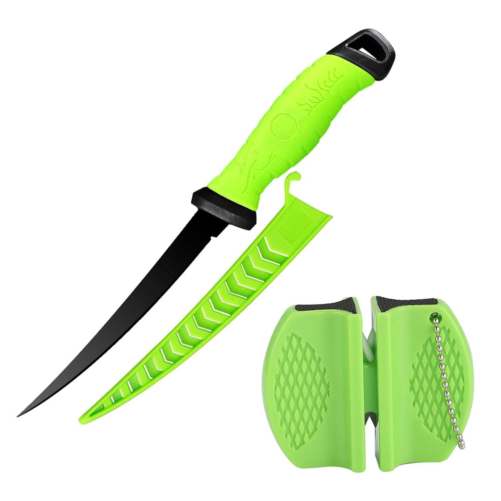 Comioke Couteau à Filet 7 Pouces, Couteau à Désosser, Couteaux à Désosser, Couteaux à Filet de Poisson avec Gaine de Protection et Affûteur (Vert)