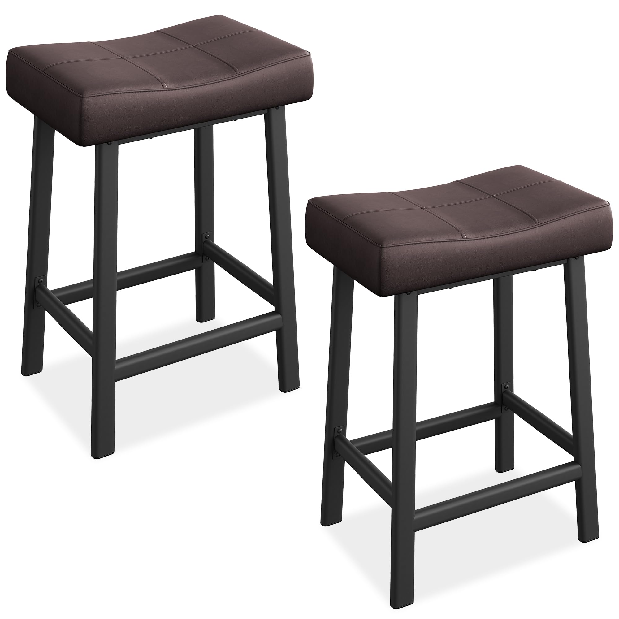 GarveeHome Counter Height Bar Stools Set of 2, 24 in Brown Barstools for Kitchen Island Counter, Upholstered Padded Saddle Chairs with Curved Cushion,