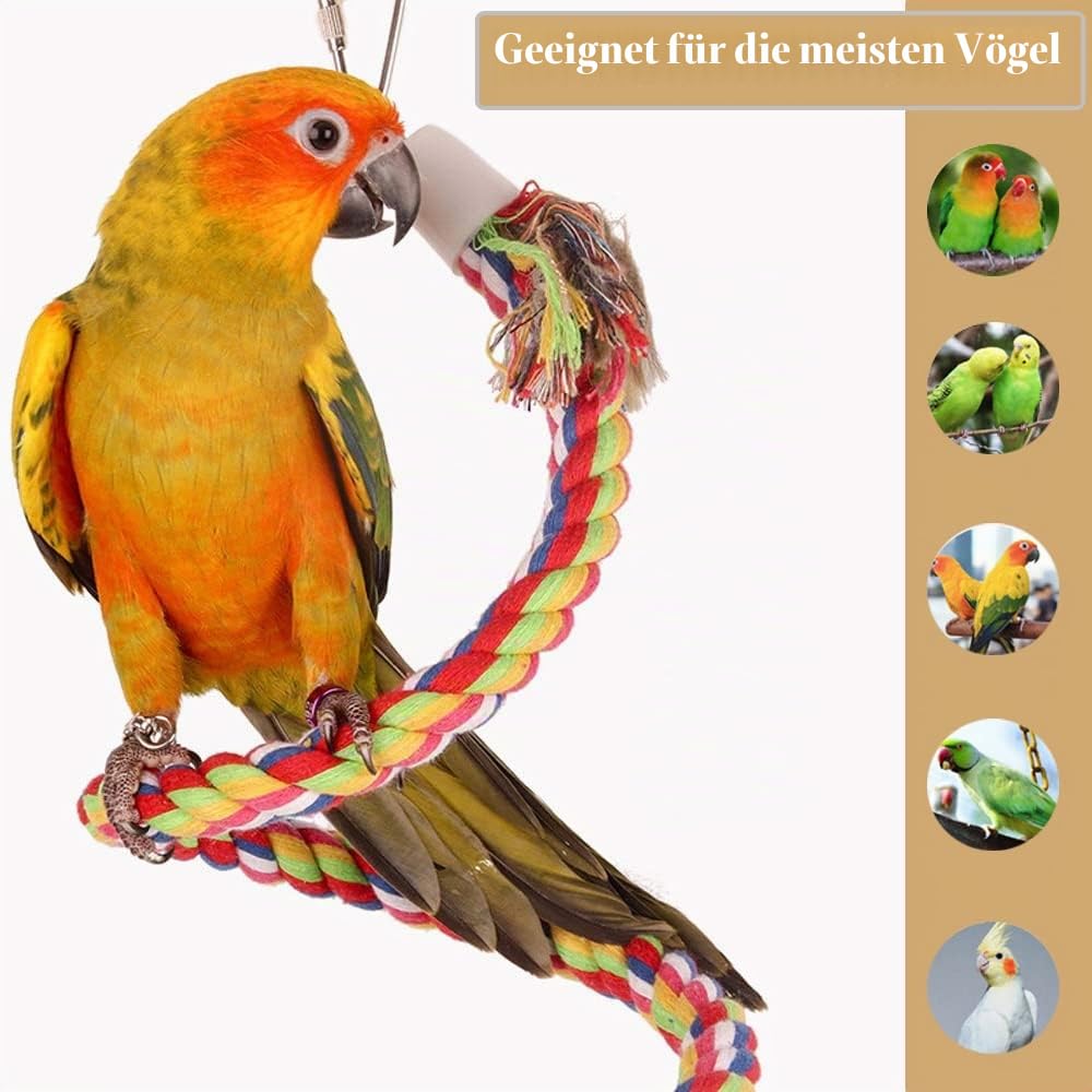 ASOCEA Vogel Seil Sitzstangen,160cm Vogel Kletterseil mit Glocke Bunte Spirale Baumwollseil Durchmesser 18mm Papageienspielzeug für Wellensittiche, Nymphensittiche und Alle Vögel