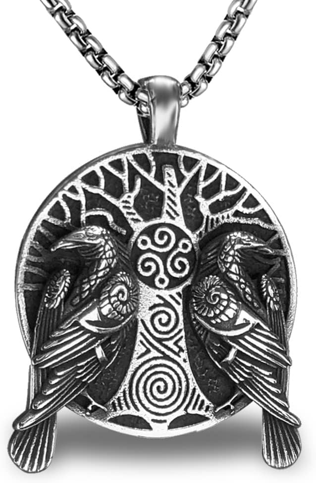 Mens Viking Fenrir Wolf Valknut Jormungandr Odin Raven Yggdrasill Pendant Necklace, Norse Amulet Jewelry