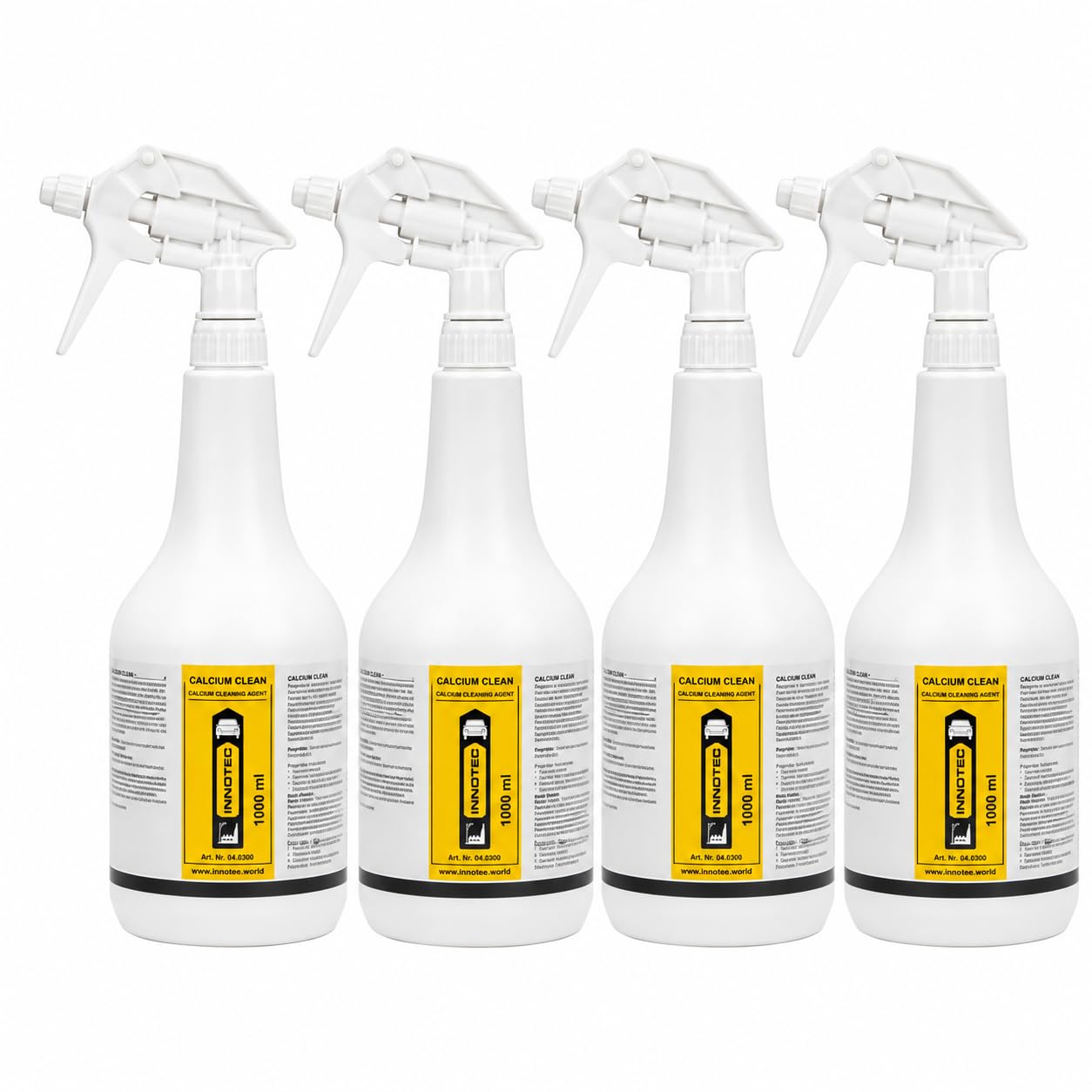 4 Stück Innotec Calcium Clean Kalk-/Flugrostentferner Kalklöser Kalkreiniger Entkalker Rostlöser - entfernt Flugrost, Urinstein, Kalk, Putz- und Zementschlieren - Lebensmitteltauglich -1L Sprühflasche