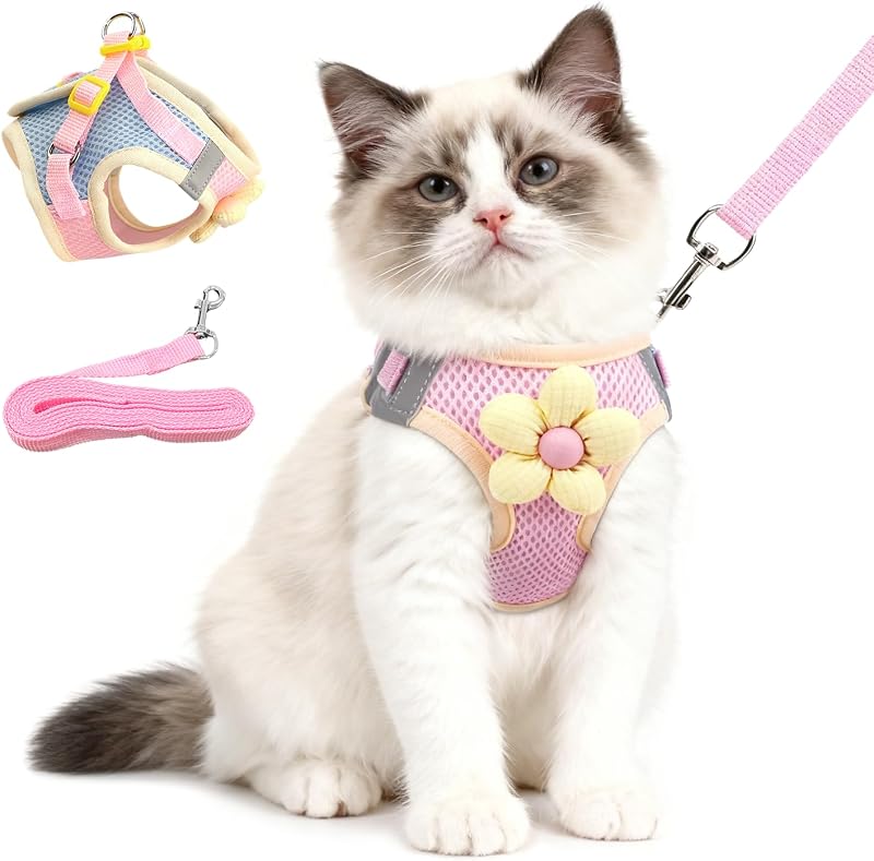 Peitoral para Gatos com Guia, Colete de Malha Respirável e Faixas Refletivas MOASIOP XS