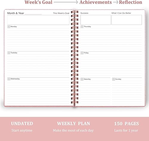 Miniatura 4 de 2024 Undated Planner, A5 Rose Gold Metal & Faux Leather Planner, WeeklyMonthly Organizer, Goal Management, 5.8x8.2in, Inner Pocket, Elastic Closure