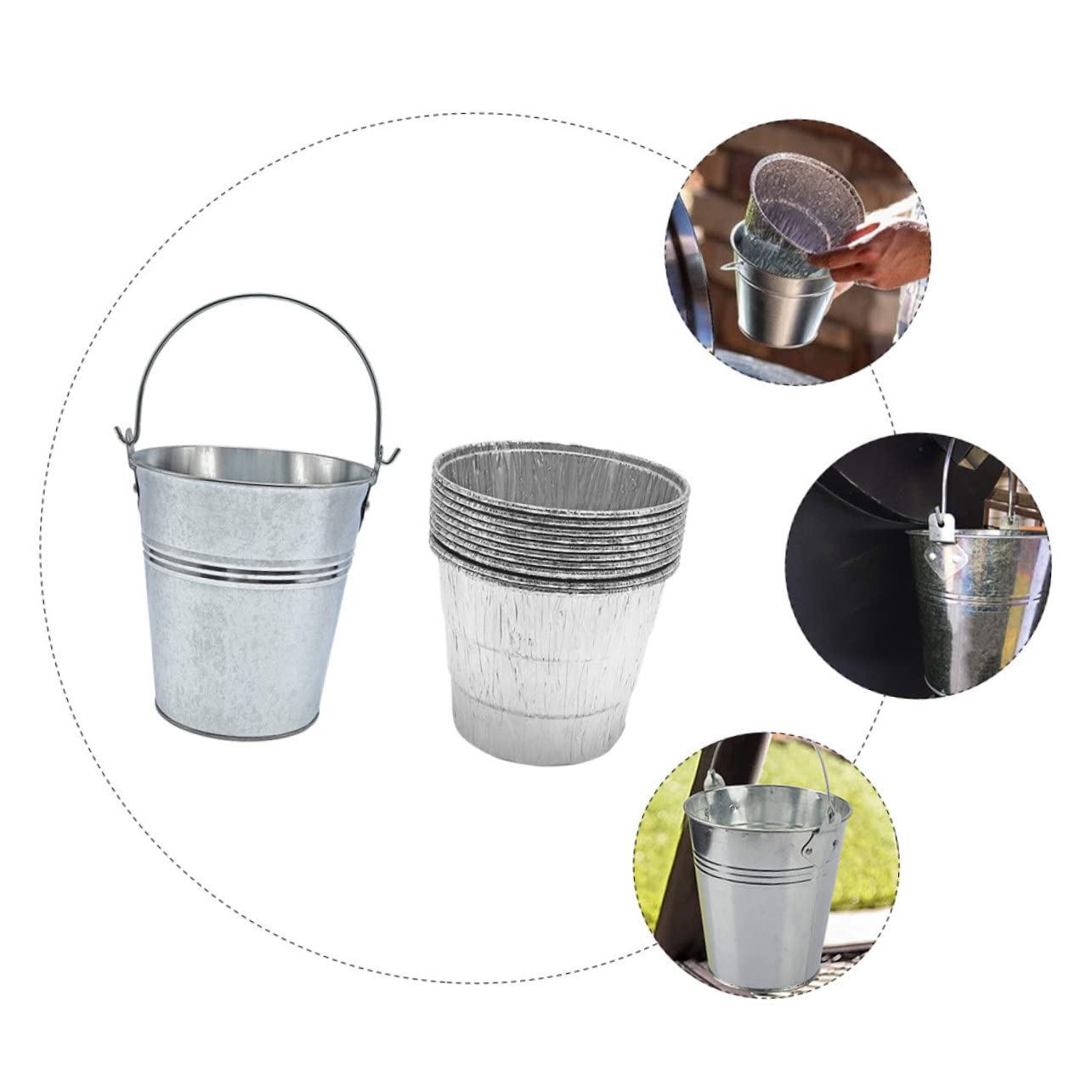Secchio Grasso Barbecue in Ferro Argento, Set 10 Pezzi | Raccoglie Colature, Mantiene la Griglia Pulita, Facile da Trasportare, Adatto a Festa in Casa e Bbq