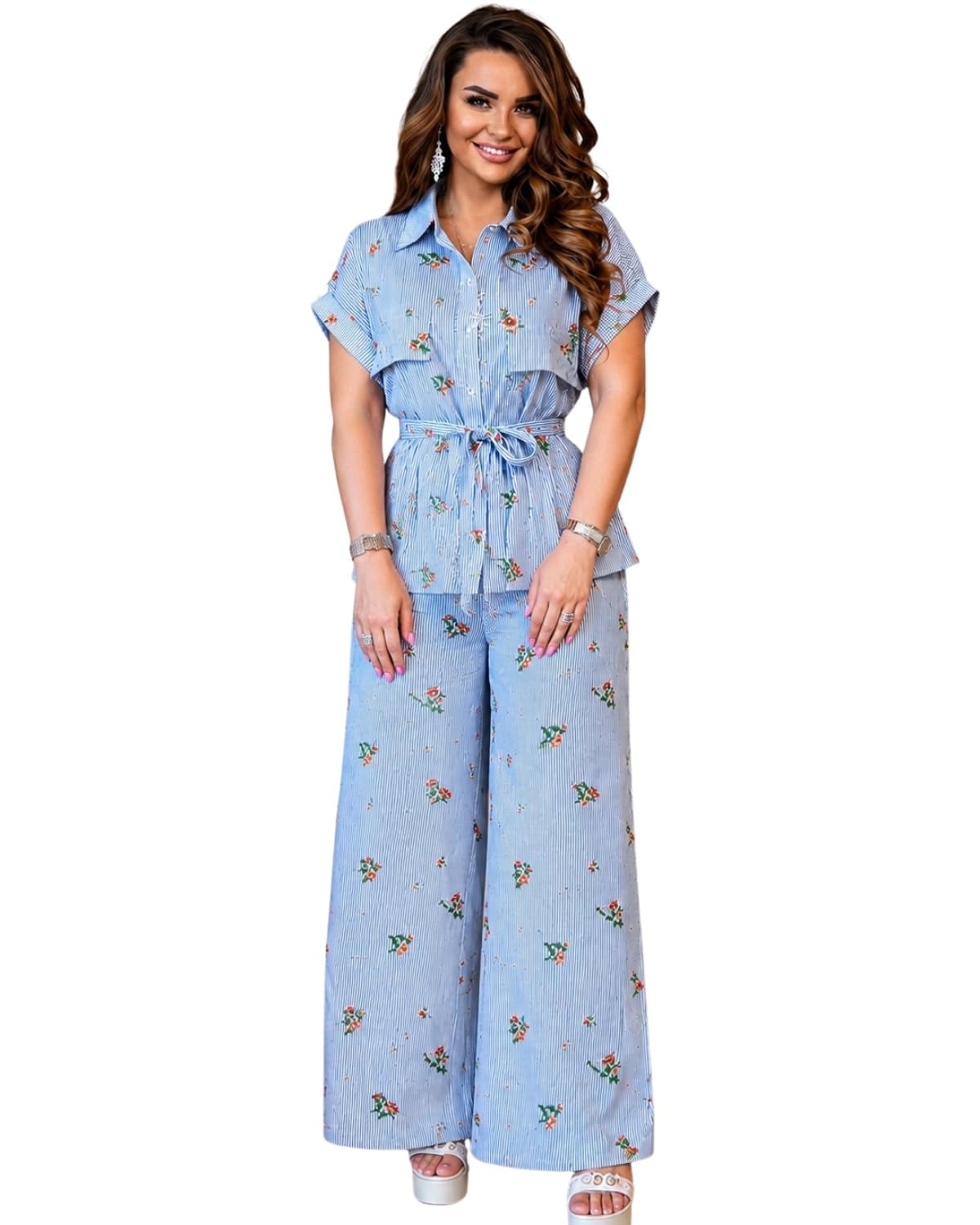 Women’s Floral Printed Co-Ord Set | Short Sleeve Collared Button Down Shirt with Tie-Up Belt & Wide Leg Trousers | Casual Two Piece Outfit for Women | Blue-picture-55