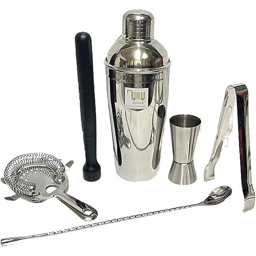 Dynore Stainless Steel 6 Pcs Bartender Martini Kit Bar Set - Teardrop Bar Spoon, Cocktail Shaker 750 ml, Tall peg Measure 30/60 ml, Black PVC Muddler, Ice Tong, Cocktail Strainer- Set of 6