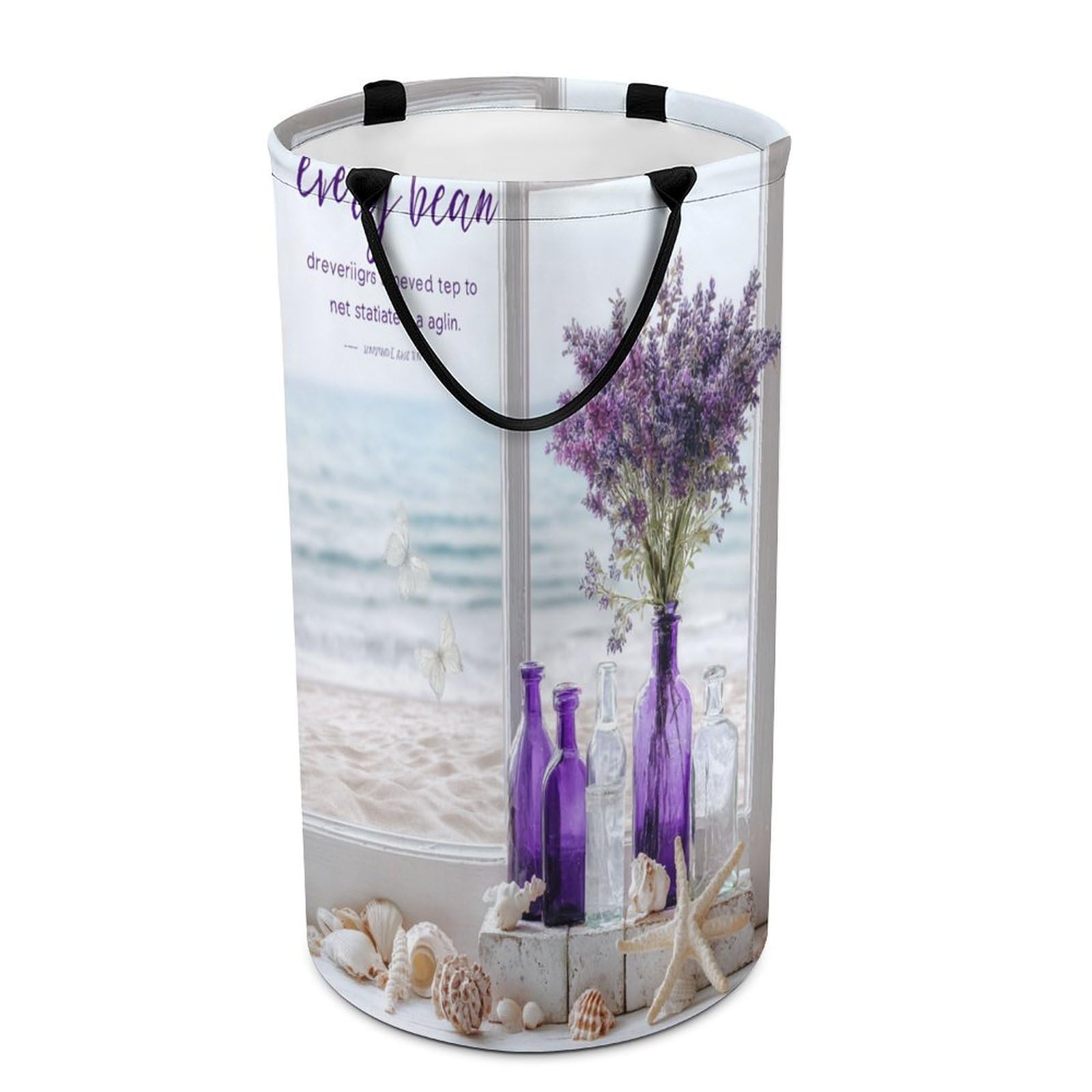 LUYYSKY Modern Vintage Window Seaside Collapsible Dirty Clothes Basket, Abstract Aesthetic Summer Nautical Landscape Lavender Lilac Portable Clothes Storage Basket