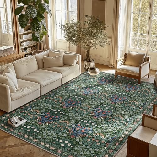 Image of Washable Dark Green 6x9 Oriental Style Area Rug for Dining Room Under Table & Living Room, Low Pile Non-Slip Stain Resistant Carpet for Bedroom