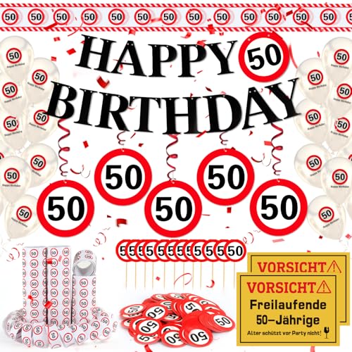 WenmthG 50 Geburtstag Deko Männer Frauen 50. Geburtstag Deko mit Girlande Luftballons Absperrband Luftschlangen Banner Konfetti Tortendeko - Verkehrsschild zum 50 Jahre 50. Geburtstagsdeko