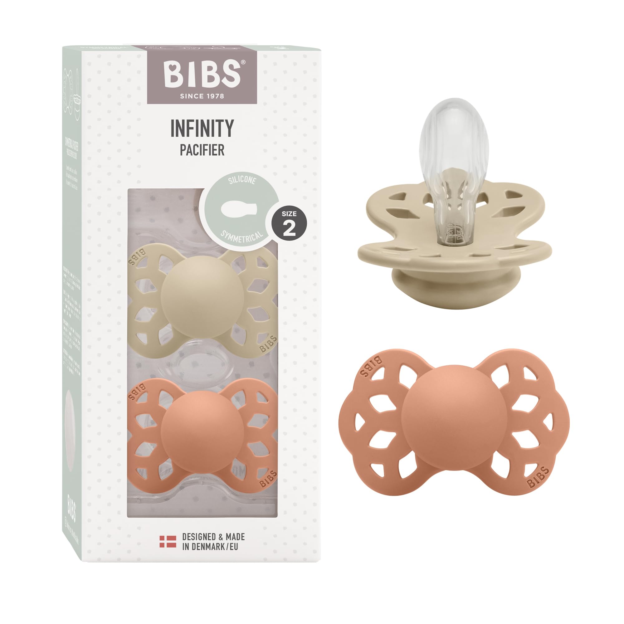 BIBS Infinity Symmetrischer Schnuller Zweierpackung, bisphenol-A frei, Symmetrischer Silikonsauger, Symmetrischer Nippel. Silikon, 6-18 Monate (2er Pack), Vanilla/Peach