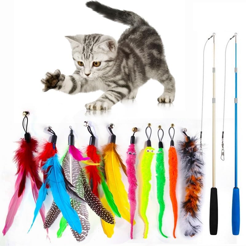 ZACAL Cat Toy Wand Teaser, Interactive Play Set with Rainbow Ribbon, Feather and Plush Worm Attachments, 3 Pack (Multi Pack Cat Toy Wand Teaser (12 Pieces)) โ image 1
