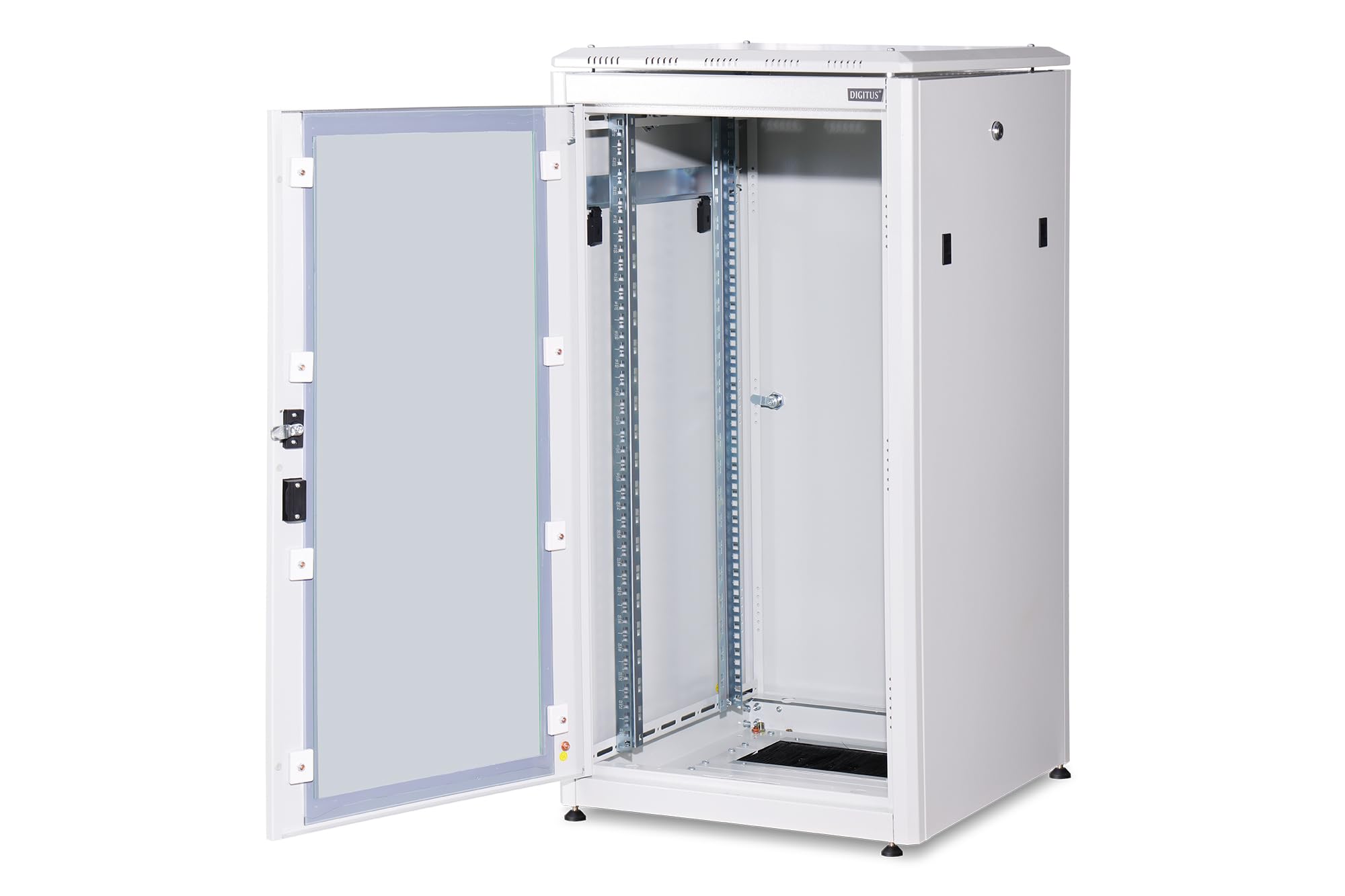 DIGITUS Armadio di rete – Rack da 19 pollici – 22U – 60x60 cm – Profondità utile 54,3 cm – Portata 1200 kg – Autoportante – Porta in vetro – Grado di protezione IP20 – Serie Unique – Grigio