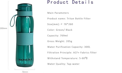 Miniatura 3 de Botella de agua Tritan de color verde con filtro, 26 onzas, libre de BPA, camping y deportes al aire libre, yoga y escuela