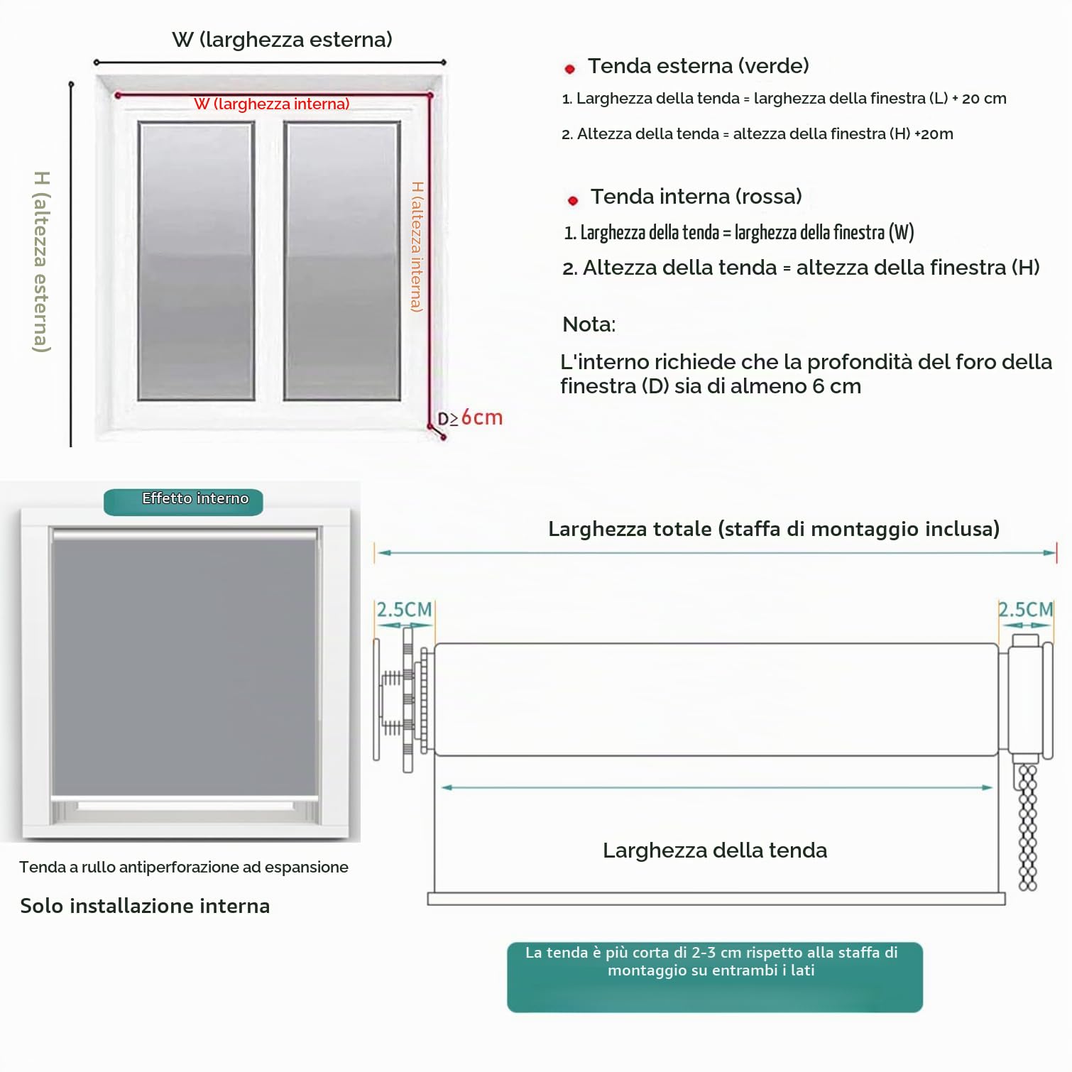 Tenda a Rullo Oscuranti Termica,Senza Foratura,Avvolgibile per Interni,Tessuto Poliestere Grigio Scuro,con Rivestimento Stesso Colore,per Finestre,Larghezza x Altezza（110W x 230H cm）
