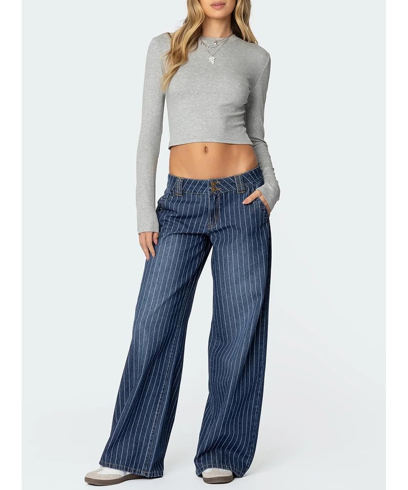 Jeans a Gamba Larga gessati a Vita Bassa da Donna Pantaloni in Denim Larghi Vintage alla Moda