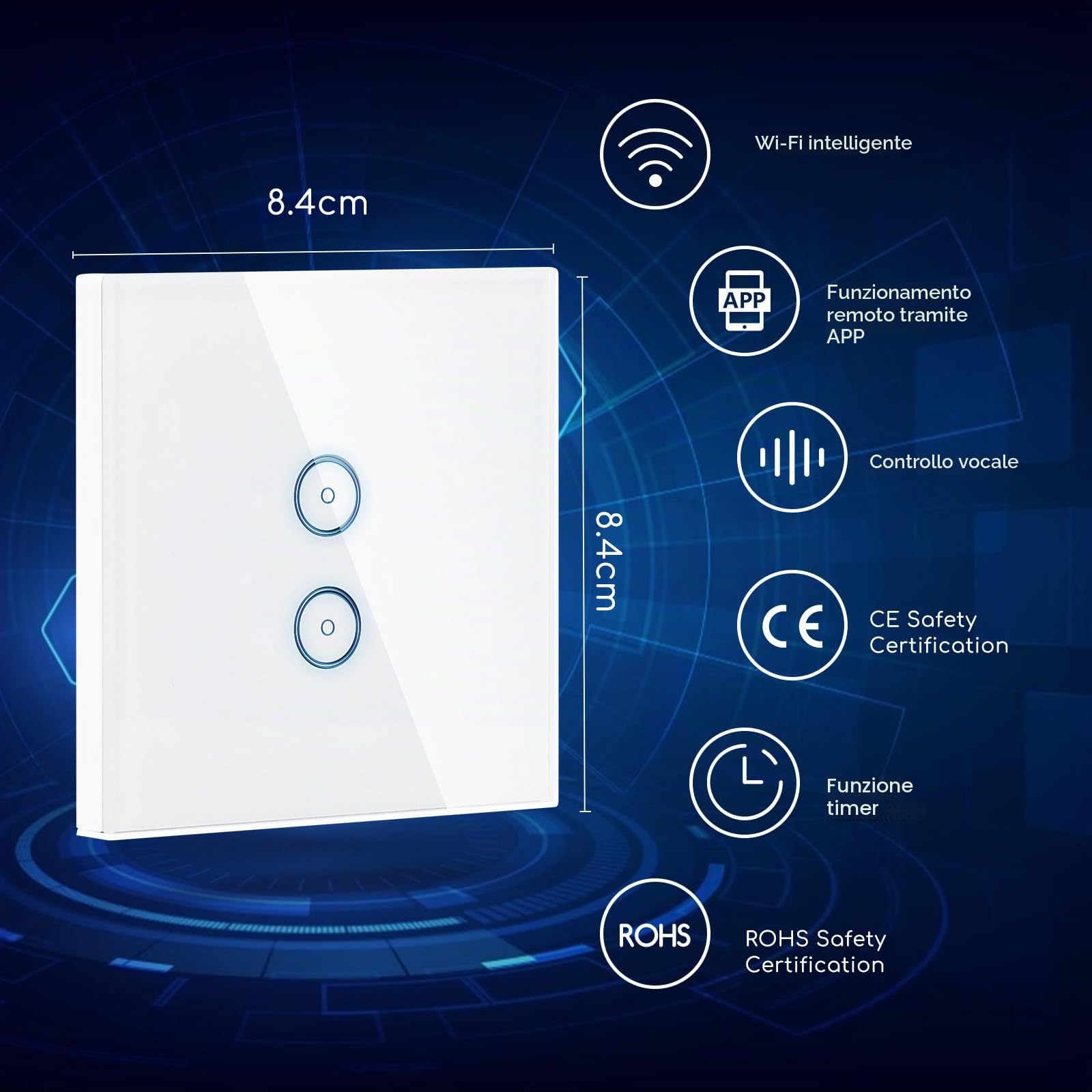 Aigostar - Interruttore a Parete WIFI con Pannello in Vetro Touch Screen a 2 Interruttore, Compatibile con ALEXA e GOOGLE HOME, controllo vocale e funzione Timer 1 Pezzi Color Bianco