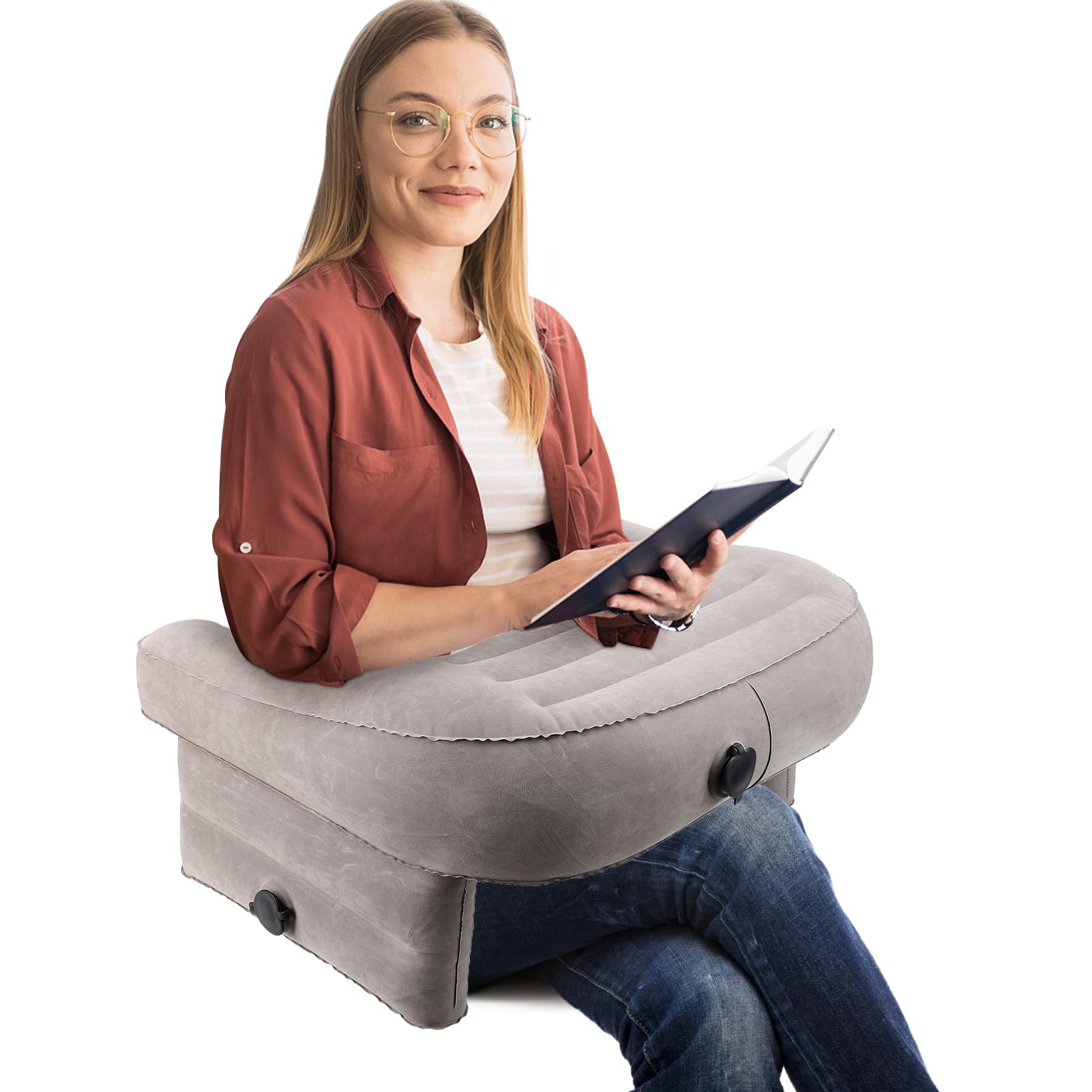 Wakects Oreiller de Lecture Gonflable, Oreiller de Bureau en PVC, Grand Oreiller de Jeu pour Genoux, Floquée, Oreiller Doux pour Accoudoir D'ordinateur Portable avec 3 Trous