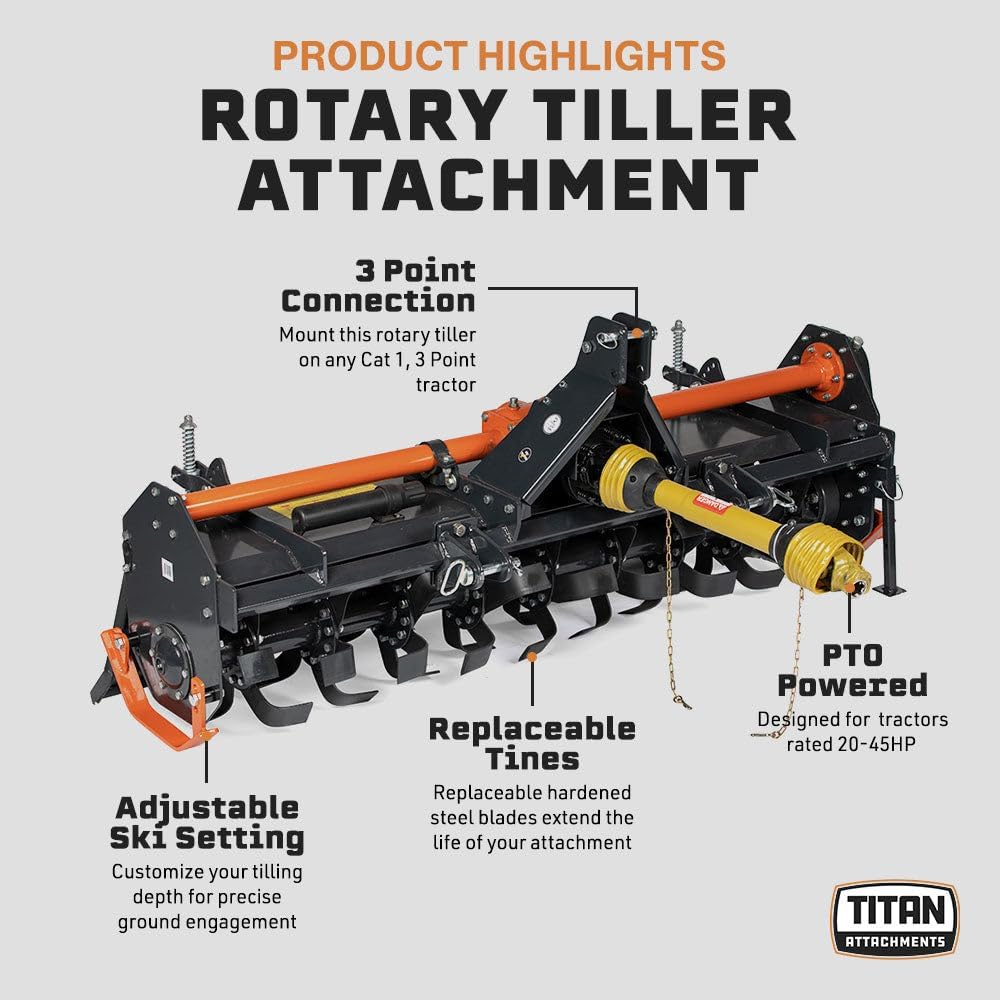 Titan Attachments 3 Point 72" Rotary Tiller Attachment Fits Cat 1 Tractors, Charcoal Finish, Single Speed PTO Driven Cultivator with a 540 RPM Gearbox, Replaceable L-Shaped Tines Work 5" Deep