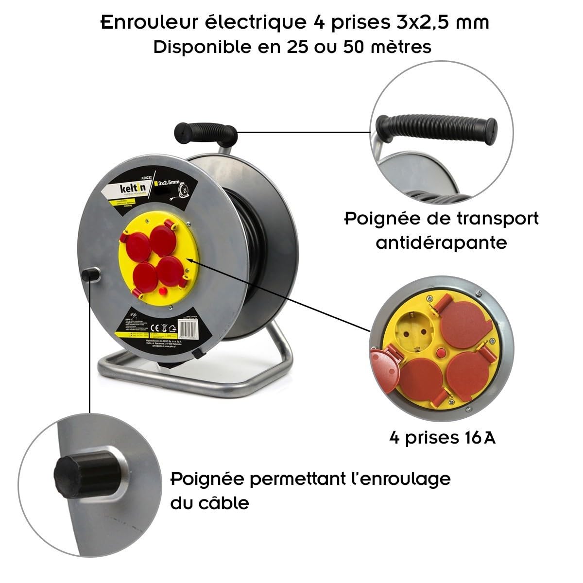 Enrouleur Multiprise électrique DHOME - 4 Prises - Câble 40 Mètres 3x1,5mm² 16A