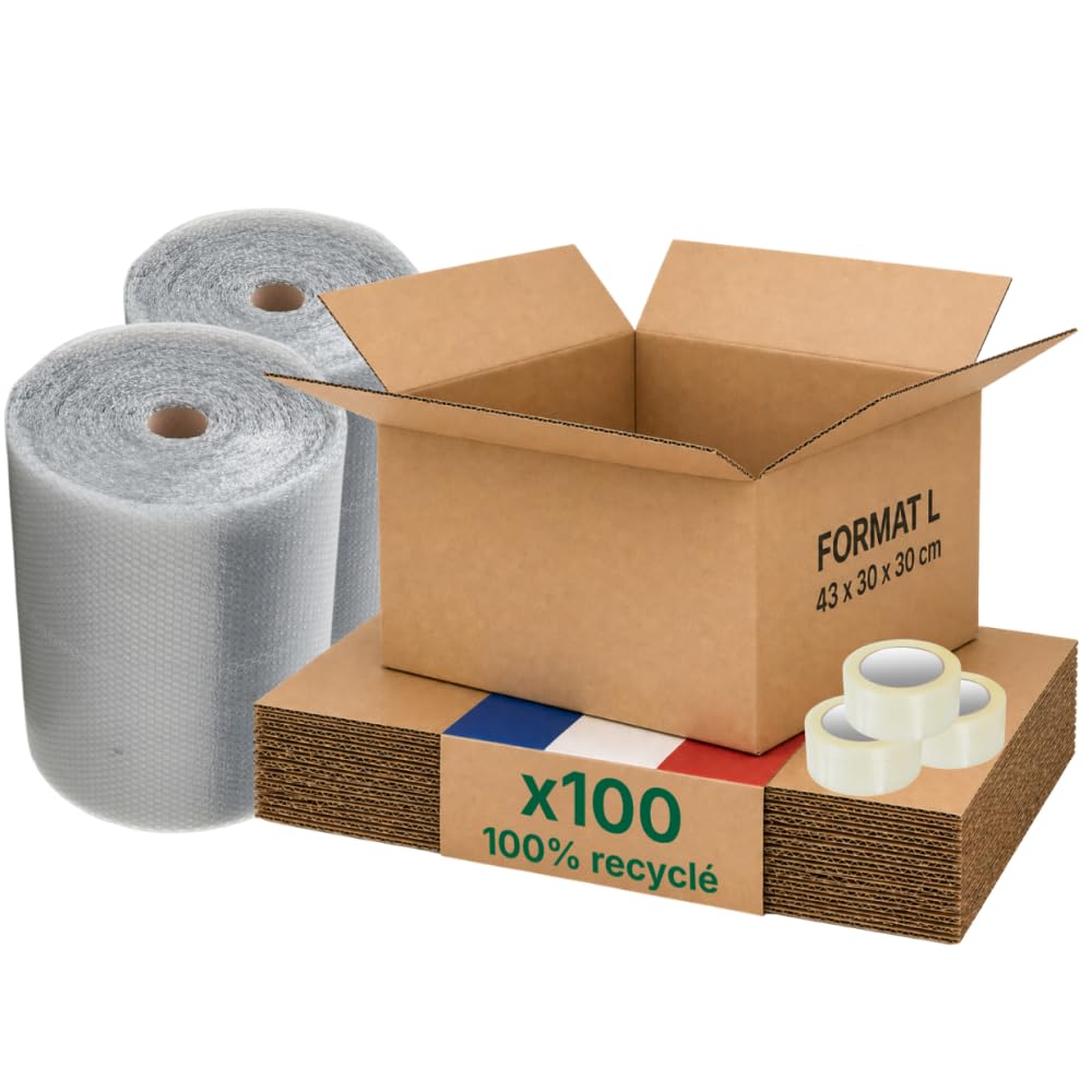 Opakowanie kartonowe L, opakowanie 100 sztuk, folia bąbelkowa + klej, 43 x 30 x 30 cm, wzmocniona, odzież, duże produkty, format A3 Life Pack