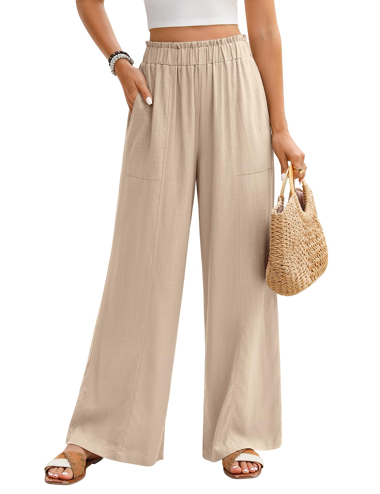 PASUDA Pantaloni Lino Donna Estivi Pantaloni Larghi Leggeri Elastico Vita Alta Pantaloni di Lino Eleganti Casual da Spiaggia Comodi Pantaloni Tinta Unita con Tasche