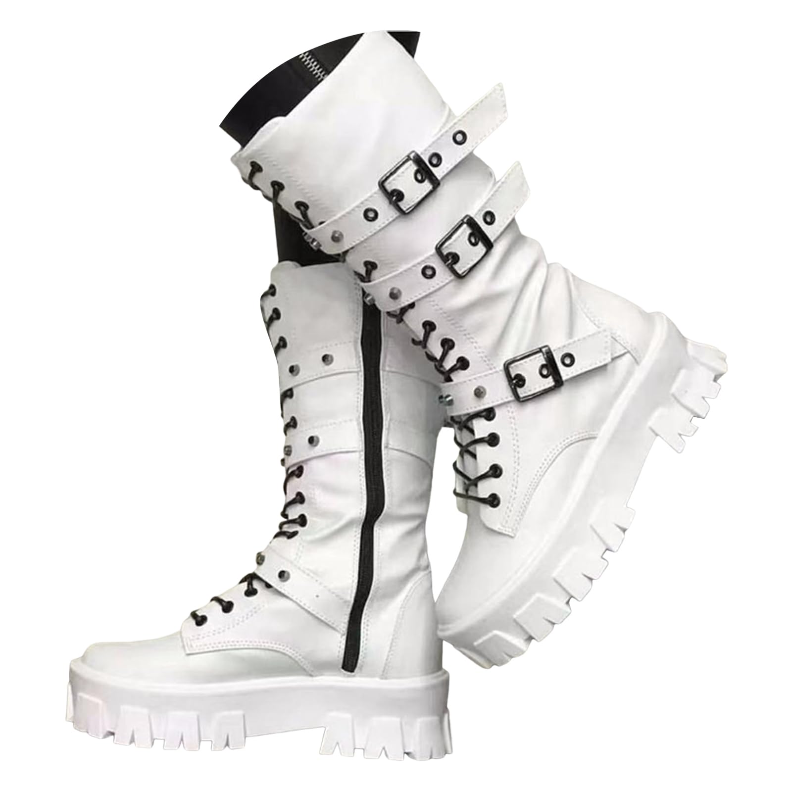 Women Mid Calf Riding Boots Platforms Gothic Punk Leather Metal Buckle Straps Lace Up Round Toe Chunky Block
