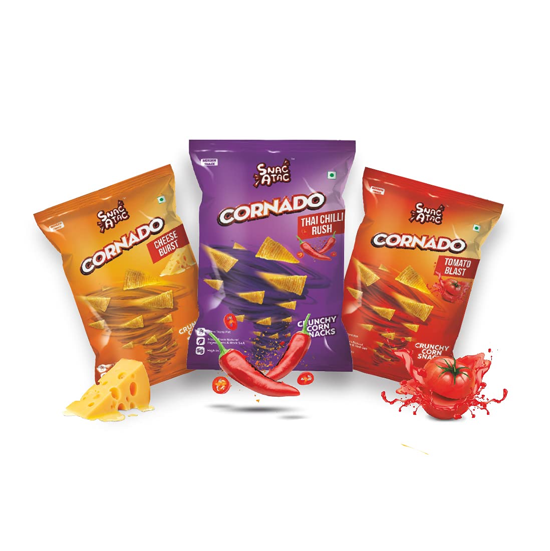 Cornado Cheese Burst Thai Chilli Rush Tomato Blast Corn Chips Snacks Combo Pack of 6 - 360g