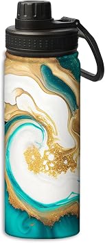 Turquoise and Gold Surface Art Print pattern 18 oz Insulated Water Bottle, Double Wall Vacuum Stainless Steel Water Bottle,Water Bottle Keeps Hot or Cold Sports Gym,Green and Gold