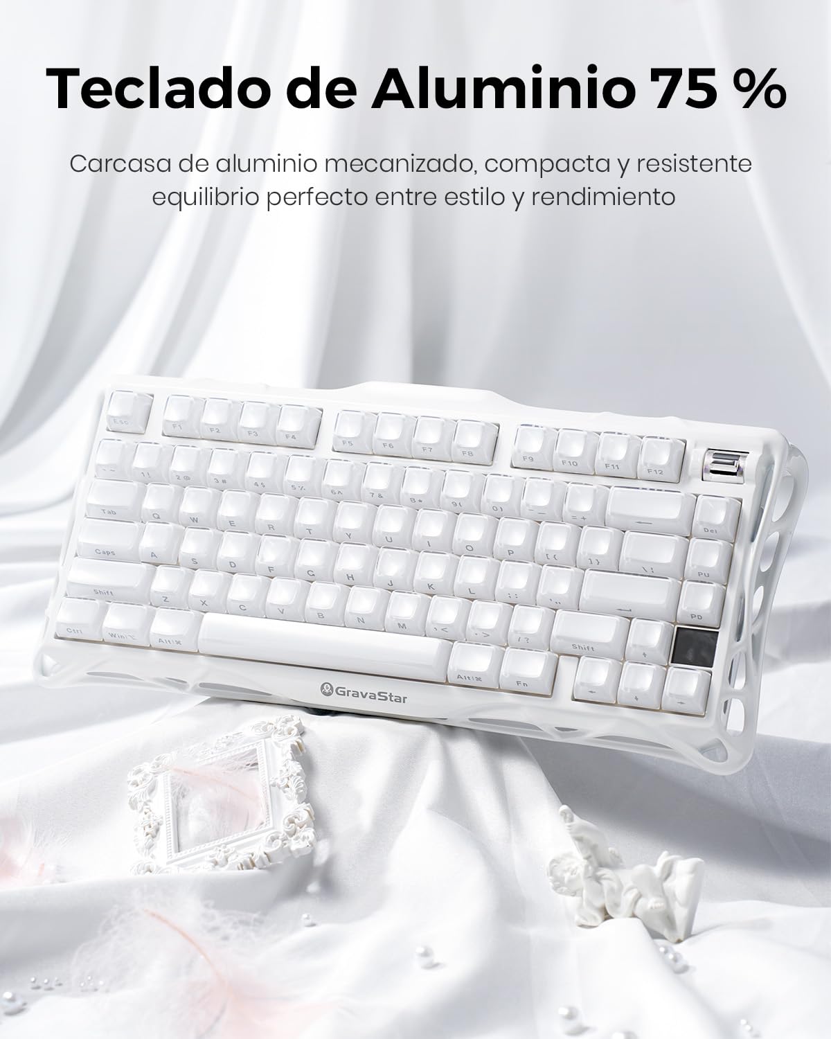GravaStar Mercury K1 Teclado Mecánico Gaming con Marco de Aluminio, 75% Inalámbrico, Teclado para Juegos, Intercambiable en Caliente, Gasket, Teclado RGB Trimodo, Teclas PBT,QWERTY -Blanco