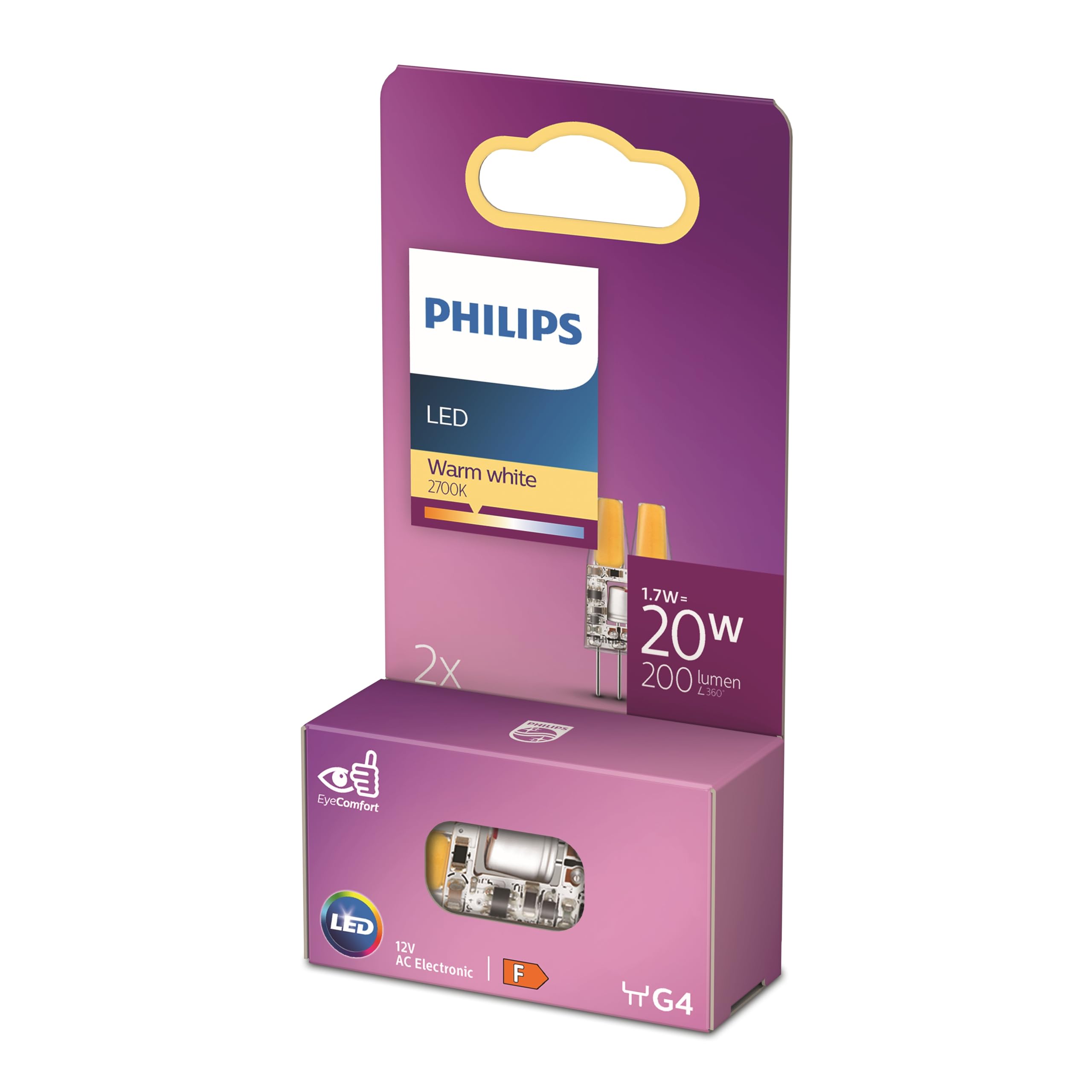 Philips LED Standard Brenner, Ersatz für Halogen 20W, G4 Sockel, warmweißes Licht 2700K, Doppelpack, neue Generation